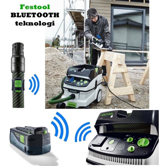 Person som använder Festool elverktyg med Bluetooth och en dammsugare med ny designsugslang.