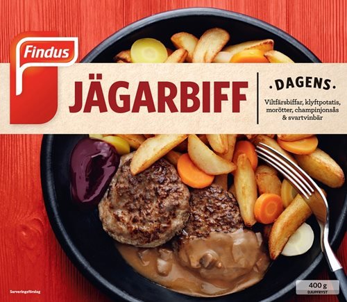 Förpackning av Findus Jägarbiff med bild av måltiden, inklusive köttbullar, potatis och grönsaker.