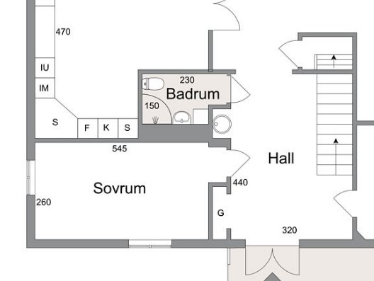 Arkitektritning av en planlösning som visar placering av badrum, sovrum och hall.