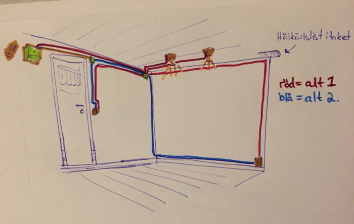 Handritad planritning av elinstallation i ett toalettutrymme med röda och blå linjer som representerar alternativa dragningar.