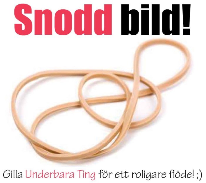 Bilden visar en utsträckt beige gummisnodd mot en vit bakgrund med texten "Snodd bild!" och "Gilla Underbara Ting för ett roligare flöde! :)".