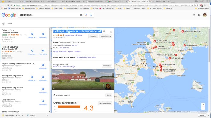 Google search results showing sawmills in Skåne, including Holmeja Sågverk & Trävaruhandel AB with map and customer reviews.