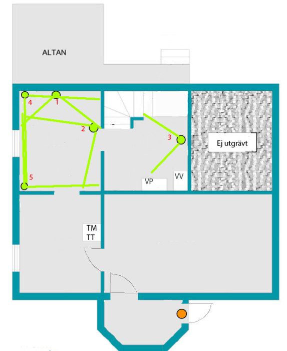 Planritning över källare med markerade potentiella placeringspunkter 1-5 för rörelsedetektorer och torktumlarens position.