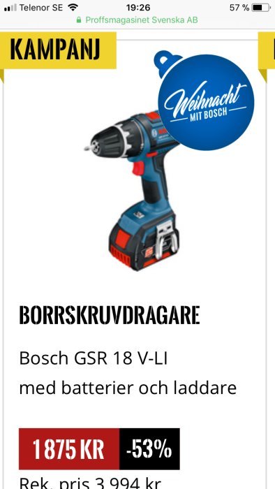 Bosch borrmaskin i kampanj med texten 'Weihnacht mit Bosch', prisinformation och procentuell rabatt visas.