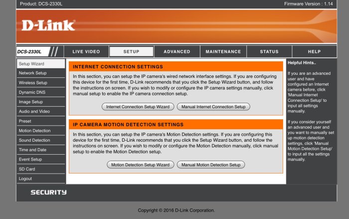 Skärmdump av D-Link kamerans webbgränssnitt med menyval för inställningar, motion detection och säkerhet.