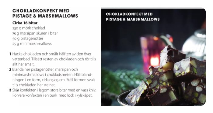 Chokladkonfekt med pistagenötter och bitar av marsipan, uppställt på mörk bakgrund med suddig vy av ett upplyst rum.