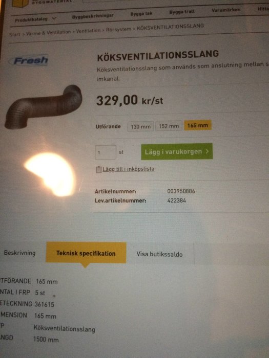 Svart köksventilationsslang visad på en onlinebutiksproduktkatalog med pris och specifikationer.