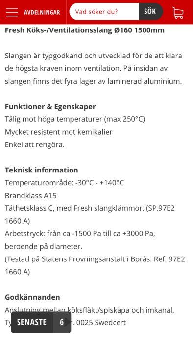 Produktinformation för Fresh Köks-/Ventilationsslang av aluminium, tålig mot höga temperaturer och kemikalier.