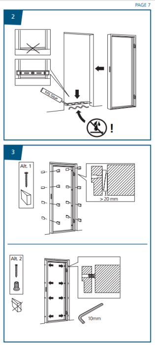 Illustration av Swedoor ytterdörrs karmmontering med "MS Glue" under tröskeln och två alternativ för karmsidor.