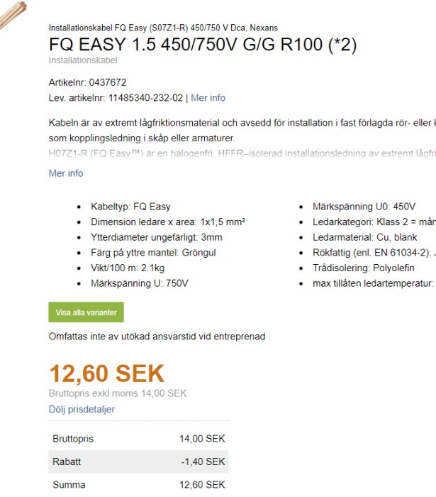 Skärmdump av en webbsidas produktinformation för FQ EASY 1.5 installationskabel, inklusive pris och specifikationer.