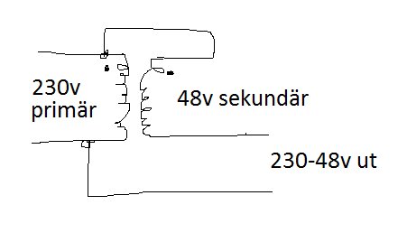 Schematisk ritning som visar anslutning av en transformator med 230V primär och 48V sekundär, märkt med 230-48V ut.