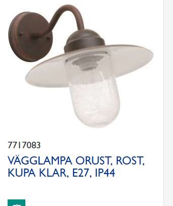 Vägglampa i skomakarstil med rostfärgad arm och klar kupol, E27, IP44.