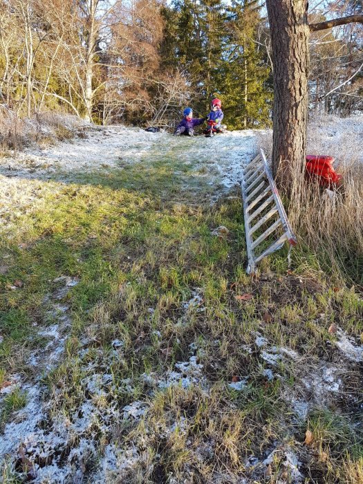 Två barn sitter på en sparsamt snötäckt slänt med en röd pulka bredvid en trädstam och ett omkullvält staket.