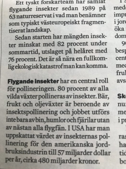 Utzoomad bild av en tidningsartikel om minskningen av flygande insekter och dess konsekvenser för ekosystemet.