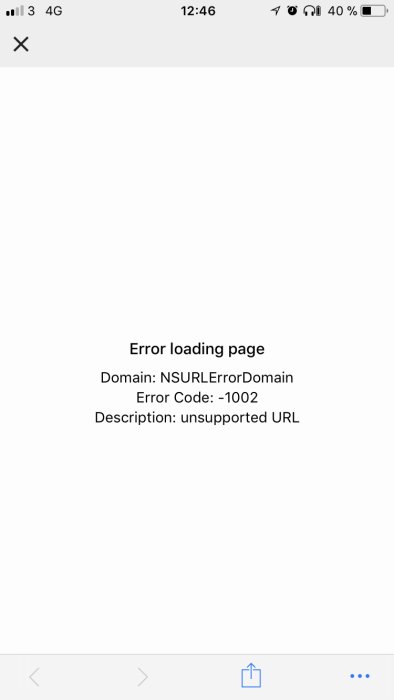 Skärmdump av en mobiltelefon som visar ett felmeddelande vid sidinläsning med kod -1002, "unsupported URL".
