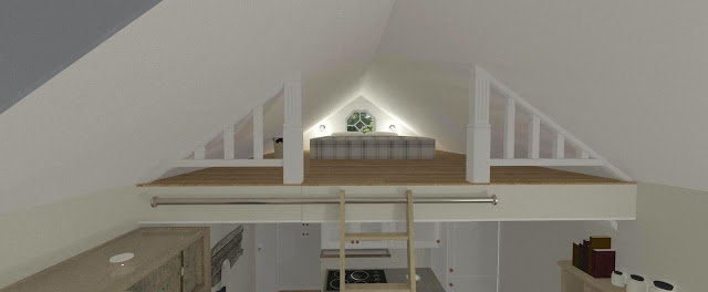 3D-rendering av ett sovloft med låg takhöjd, stege och inredning under i ett hem.