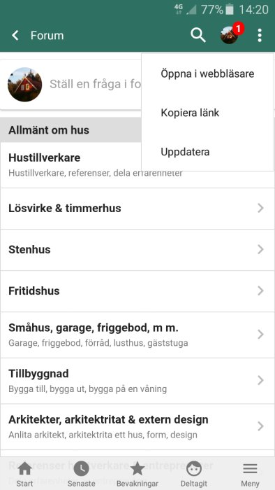 Skärmdump av ett diskussionsforums meny med popup-fönster visande alternativ som "Öppna i webbläsare" och "Uppdatera".