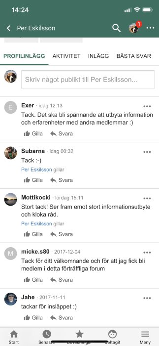 Skärmbild av ett diskussionsforum med en användarprofil och kommentarer som tackar för medlemskap och diskussion.