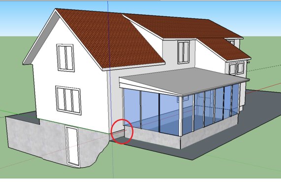 3D-modell av hus med uterum vid husvinkel och röd ring markerande en detalj.