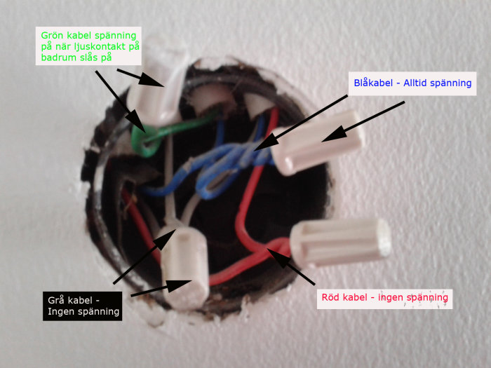 Öppen eldosa med etiketterade kablar som visar spänningsstatus för installation av vägguttag.