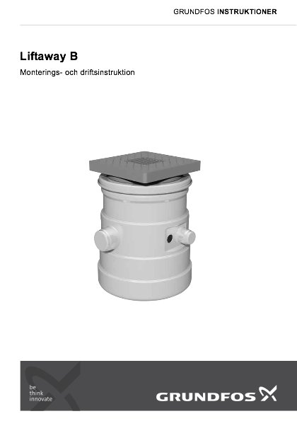 Illustration av en Grundfos Liftaway B pumphus medan lock och anslutningsrör, avsedd för monterings- och driftsinstruktion.