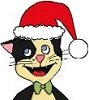 Tecknad katt med tomtemössa och fluga som avatar.