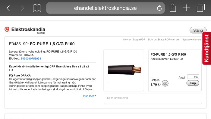 Skärmdump av Elektroskandias webbsida som visar FQ-PURE 1,5 G/G R100 kabel med prisinformation.