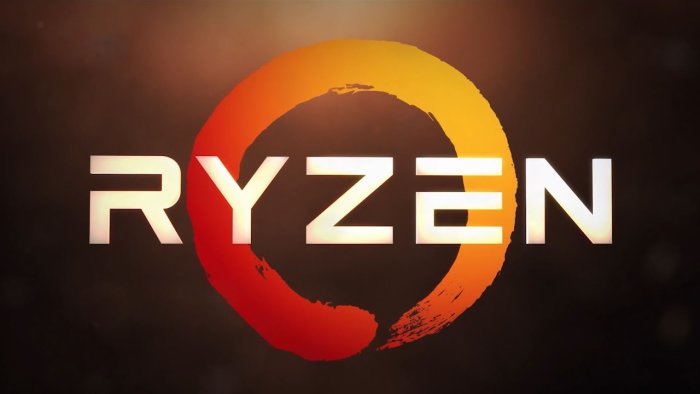 AMD Ryzen logotyp med stiliserad röd och orange cirkel på mörk bakgrund.