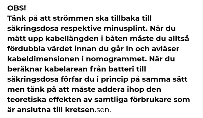 Svartvit bild av text som ger instruktioner om elinstallation i båtar, med fokus på kabellängd och säkringsberäkning.