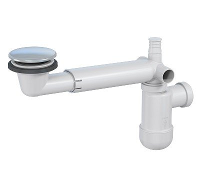Vit konstruktion av vattenlås för handfat inklusive teleskoprör, packningar och vattenförsegling.