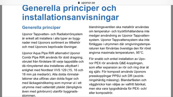 Skärmdump av Uponors anvisningar för tappvattensystem med text om generella principer och installationsråd.