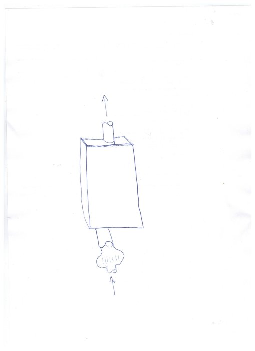 Enkelt handritad skiss av ventilationskanalsprototyp med anslutningshål och pilar för luftflödesriktning.