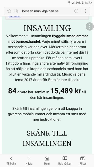 Skärmdump av insamlingssida Bygghusmedlemmar mot barnsexhandel med angivet insamlat belopp 15,489 kr.