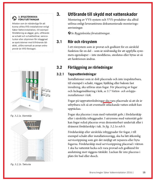 Sida från en handbok om vattensäkerhet med figurer 3.2.la Stamrör och 3.2.lb Täckskiva samt text om rörinstallationer.