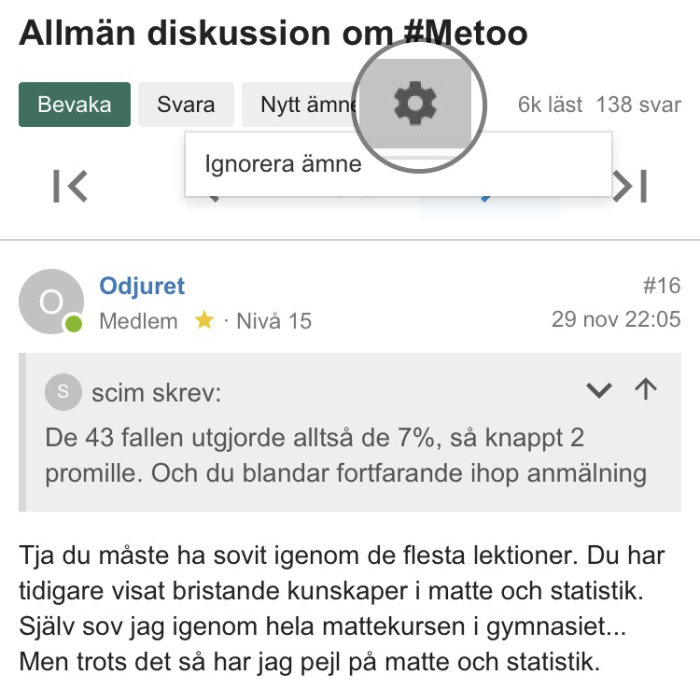 Skärmdump av forumtråd med funktion för att ignorera ämne markerad, omgiven av användarkommentarer.