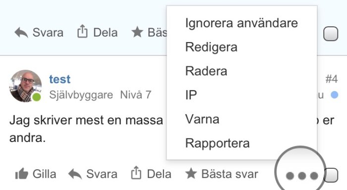 Skärmdump av forumtråd med alternativmeny öppen där "Ignorera användare" är ett val.