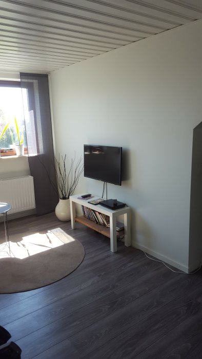 Ett modernt vardagsrum med mörkt laminatgolv, vit soffbord med tidningar, TV på väggen och en stor vas med dekorativa grenar.