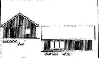 Svartvit fasadritning av ett hus, visar gavelfasad från norr och långfasad från väster.