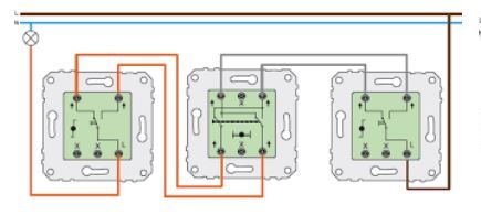 Schematisk illustration av elinstallation med tre kopplingsdoser och ledningsdragning.