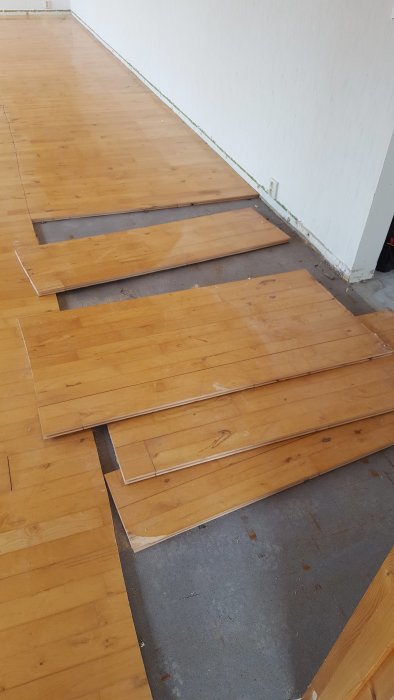 Upprivet massivt ekgolv med synlig betongunderlag, visar delar av golvet borttagna.
