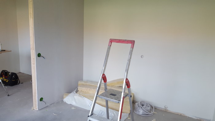 Ommålat rum under renovering med en stege och elinstallationer synliga.