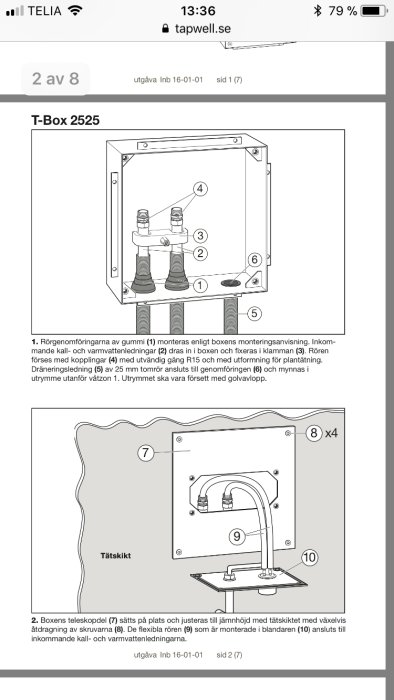 Illustration av installationsinstruktioner för Tapwell T-Box 2525 inbyggnadsblandare i badrum.