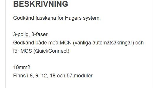 Textbeskrivning av elektrisk fasaskena för Hagers system, 3-polig, 3-fas, olika anslutningsmoduler.