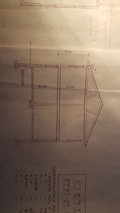 Gammal sektionsritning av hus visar planlösning och mått, inrutad yta för ombyggnad.