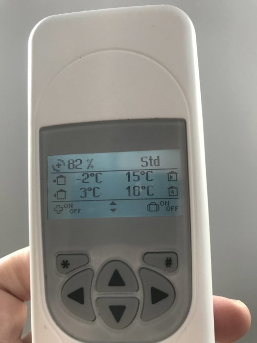 Hand håller en digital termostat som visar temperaturer -2°C och +3°C med en fuktnivå på 82% och statusindikatorer.