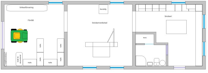 Ritning av en uppvärmd verkstadsplan med utmärkta områden för snickeri, badrum och förvaring.