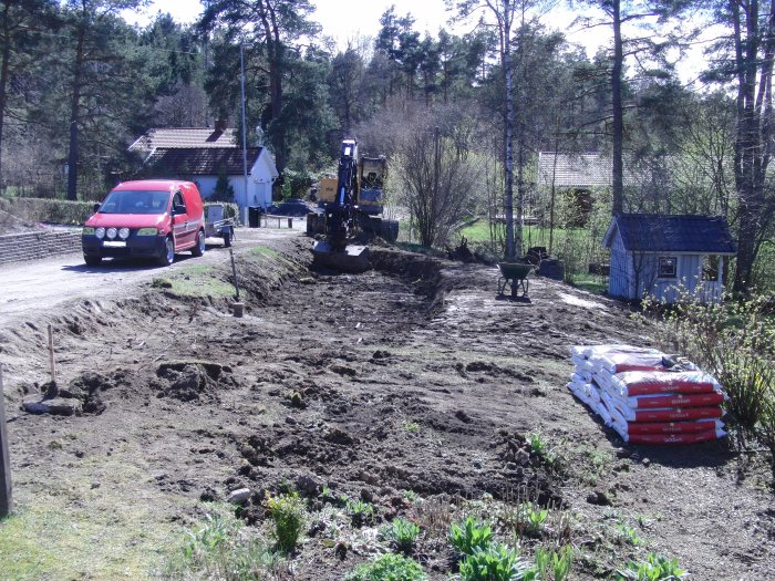 Inledande arbete i trädgården efter dränering med synlig grävmaskin, jordhög, skottkärra och säckar med markduk.