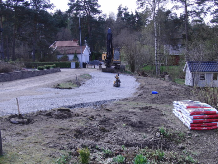 Område under konstruktion i en trädgård med nylagt grusväg, en grävmaskin i bakgrunden och säckar med byggmaterial i förgrunden.