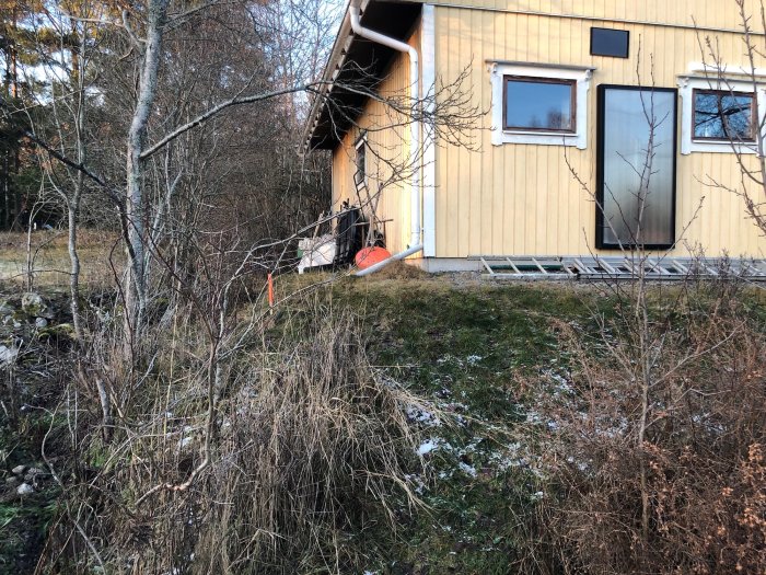 En tomt med en gul träfasad, fönster, och en röd stakkäpp vid gränsen bland vildvuxen vegetation.