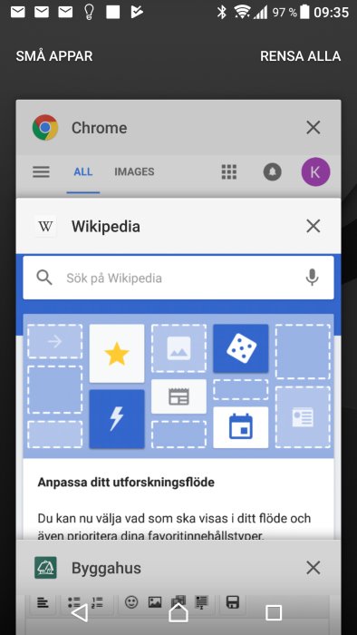 Skärmdump av en smartphone som visar flera öppna appar, inklusive Chrome och Wikipedia.